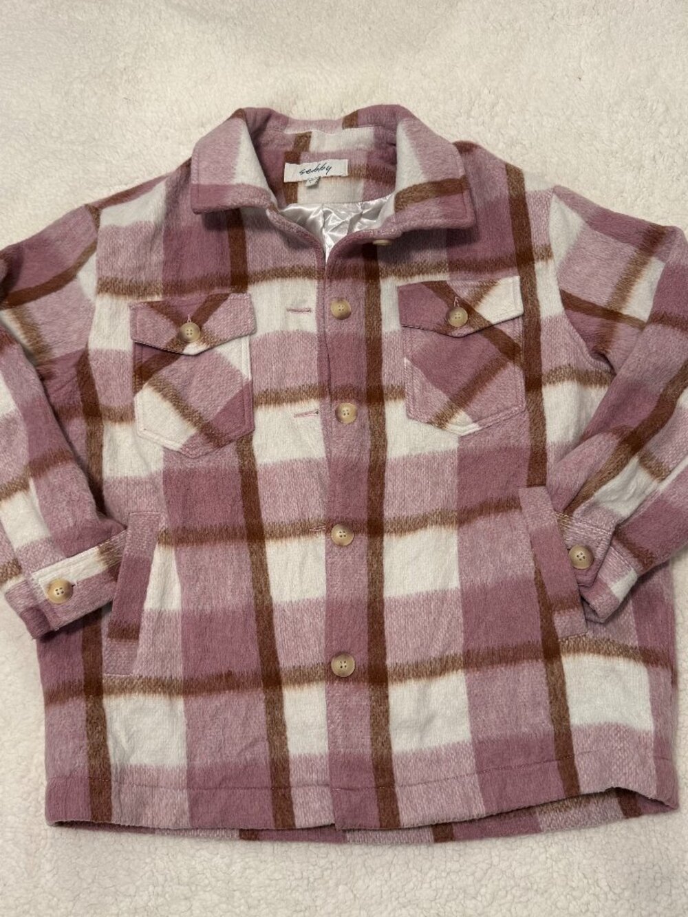 Sebby Collection Wool Blend Plaid Shacket Mauve Pink Cream L